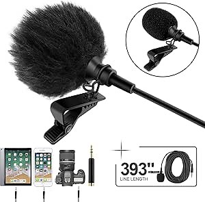 393 inch Professional Grade Lavalier Lapel Microphone ­Omnidirectional Mic with Easy Clip On System ­ Perfect for Recording YouTube