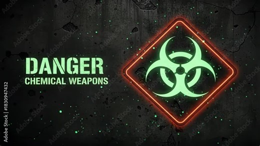 A glowing biohazard sign and chemical weapons text on a dark wall, chemical safety concept, hazardous chemical