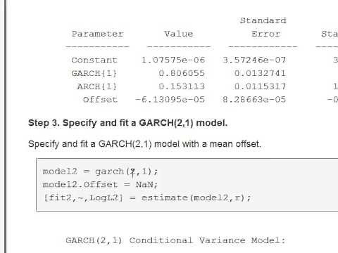 Garch with volatility clustering and Matlab new Garch example
