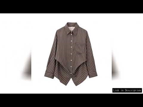 EDSA Women Brown Batwing Stripe Shirt Long Sleeves with Cuffs Patch Pockets Button-up Front for Offi