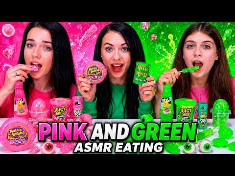 ASMR Pink, Green Candy VS Bubble Gum Food Challenge