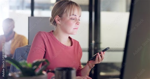 Computer, phone and business woman checking digital information, biometric and authentication in office. Woman, smartphone and online schedule, calendar and app for management, order and planning