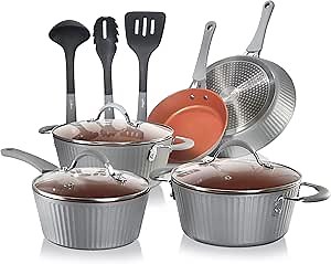 NutriChef Nonstick Cookware Excilon |Home Kitchen Ware Pots & Pan Set with Saucepan, Frying Pans, Cooking Pots, Lids, Utensil PTFE/PFOA/PFOS free, 11 Pcs, Gray