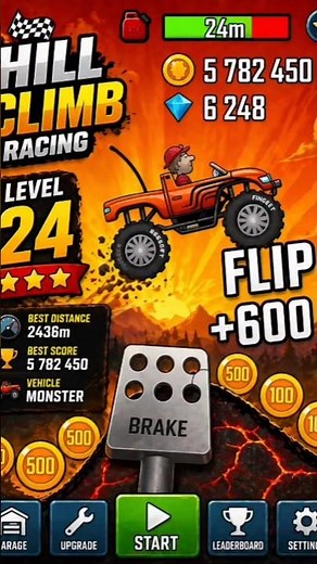 Hill Climb Racing Level 24 Gameplay 🚗🔥 Monster Truck Flip +600 Coins Challenge | Volcano Map