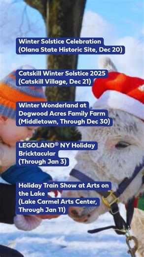 This weekend in the Hudson Valley: • Winter Solstice Celebration (Dec 20) • Catskill Winter Solstice 2025 (Dec 21) • Winter Wonderland at Dogwood Acres Family Farm (through Dec 30) • LEGOLAND® NY Holiday Bricktacular (through Jan 3) • Holiday Train Show at Arts on the Lake (through Jan 11) Explore more events at TravelHudsonValley.com. #travelhudsonvalleyny #makeityours #hudsonvalley #travelhudsonvalley | Hudson Valley Tourism