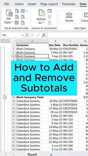How to Add and Remove Subtotals If you know how to use it, the Subtotal function can be a fast and effective way to turn data into insight. If not, it's likely a bigger source of frustration than help. Here's how to use it the right way. Don't miss the end: the 'Remove All' button will save you a ton of time. Excel tips for beginners. Excel hacks for work. Beginners creating spreadsheet in excel. How to learn excel for accounting. Excel tricks for accounting. Excel Accounting tricks. #Excel #sub