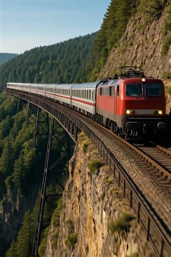 Scenic Winter View of a Train Crossing a Mountain