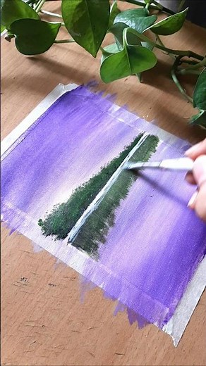 purple sky and red tree acrylic painting | easy acrylic painting