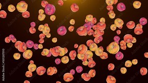 4K 3D Loop Heap of multicolored flying donuts background. holiday designs, party, birthday, invitation. Tasty junk food, party or bakery snack. Sweets and confectionery concept. Food and snacks