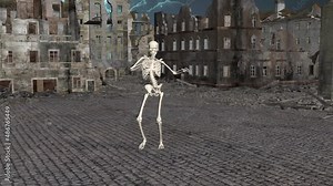 Dancing skeletons 3D on city street after the apocalypse. Apocalypse city skeleton dance 3D animation. Super realistic. Looped.