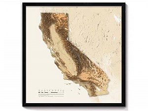 GeoJango Maps, California State Physical Map; Topo Topographical Elevation Shaded Relief Framed Picture, 24x24 inch map (Antique Style)