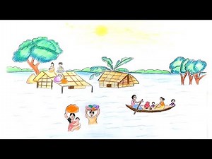 How to draw scenery of flood step by step