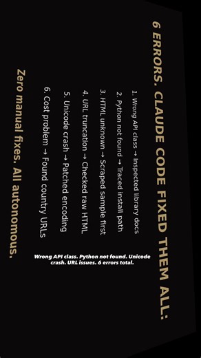 CLAUDE CODE HIT 6 ERRORS. FIXED THEM ALL BY ITSELF. #claudecode #coding #automation #aiautomation