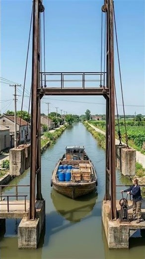 Old Counterweight Metal Bridge Opening | Cargo Boat Canal Crossing | Rural Engineering