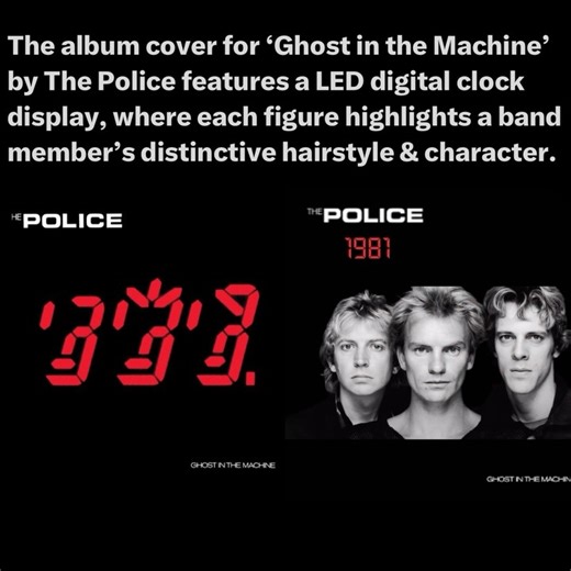 COVER ART MATTERS on Instagram: "Released in 1981, the cover of The Police’s fourth studio album, “Ghost in the Machine,” was designed by Mick Haggerty and resembles a retro red LED digital clock display. Each figure reflects the characteristics of the band’s three members with their distinctive hairstyles: Andy Summers is on the left, Sting in the middle sporting spiky hair, and Stewart Copeland on the right with a fringe."