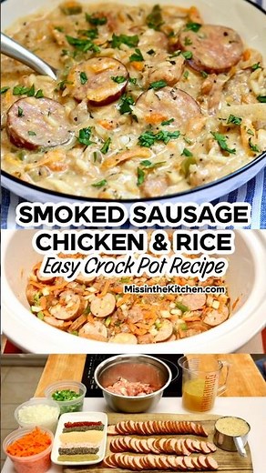 Slow Cooker Smoked Sausage Chicken and Rice Casserole #easydinner