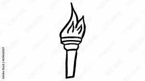 An animated hand-drawn Olympic torch with a fiery flame in a monochrome scribble style stop motion. A loop view of the flame symbolizing determination and victory in the greatest sports competition.