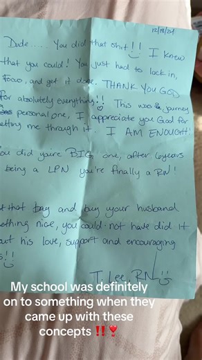 Just came across this letter to myself before the 1st day of my LPN-RN bridge program 🤗 it went so fast actually but when my instructors gave it back in an envelope at the end of the program I cried🥹 ALWAYS put God 1st! Have faith🙌🏽 and also having a support system is SO IMPORTANT ❣️ SKY IS THE LIMIT💯 #lpntorn #nurse #nursingschooltips #RN #accomplishment