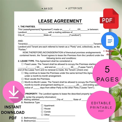 Editable Rental Lease Agreement Template PDF | Printable Residential Lease Contract | Landlord Tenant Housing Agreement | Google Docs & Word - Etsy UK
