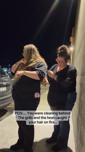 Mackenna Huntsman on Instagram: "Yk just casual work things. We kept smelling burnt hair all night and couldn’t figure out what it was until we looked at my managers hair 😭😭 her hair was completely up in a claw lip when it happened! #workfails #hairmishaps #work"