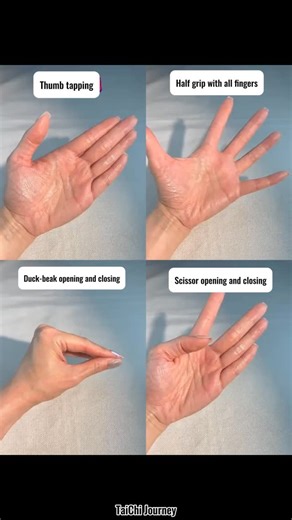 TaiChi Journey on Instagram: "Don’t let your fingers get “rusty”! Try this super-easy 4-step finger workout: thumb taps, half-grip, duck beak open–close, scissors open–close. 20 reps each, stick to it for a week and feel the difference! 👉 Follow me for more simple health hacks! #FingerWorkout #WellnessTips #HealthyHabits #HandExercise"