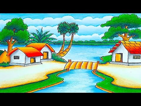 How to draw easy scenery of beautiful Landscape village with nature | beautiful village drawing