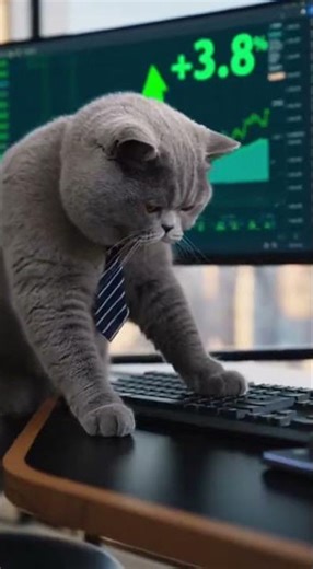 Funny cat new inside a modern penthouse, the cat sits at an executive desk with multiple monitors,