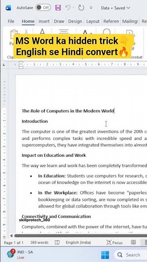 MS Word Document English to Hindi Convert in One Click | WinWord Hindi Typing Trick👆#winword