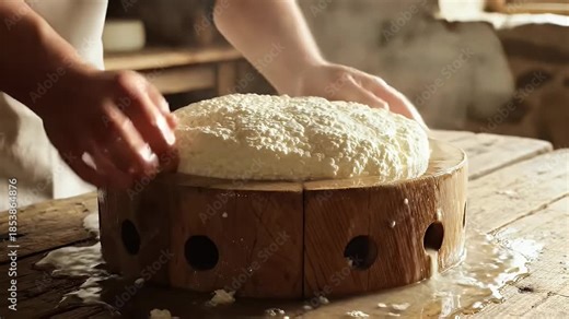 Artisan hands pressing fresh dairy product into wooden mold traditional cheese making process