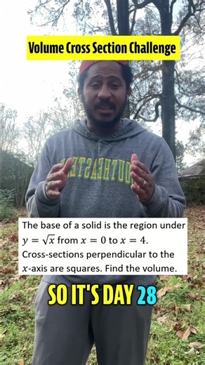 Another volume problem Day 28 of my 40 Problems in 40 Days. Base is the region under y = sqrt(x) from x = 0 to x = 4, and the cross sections (perpendicular to the x axis) are squares. Set it up and drop the volume in the comments. Im putting the full walkthrough in Part 2 on my YouTube channel so check there and subscribe so you dont miss it. Save this, tag a classmate, and comment “NEXT” with the topic/integral you want tomorrow. Follow for daily Calc help. #Calculus2 #Volume #CrossSections #Ma