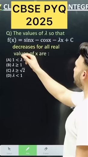 CBSE PYQ 2025 Application of derivative class 12 CBSE PYQ 2025 ( 1 Marks ) Q) The values of 𝜆 so that f(x)=sinx−cosx−𝜆x C decreases for all real values of x are : CBSE PYQ 2025 Application of derivative class 12 Q) Q) Integration x 𝑑x CBSE 2026 Inverse Trigonometric PYQ 2025 Maths for Class 12 #cbse2026 #mdifferentiation class 12 mathematics analysis class 12 maths important questions 2025 cbse board determinants class 12 ncert solutions inverse trigonometry by cbse classes sequence and serie