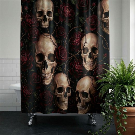 Skull and Roses – Gothic Bathroom Decor – Goth Shower Curtain – Memento Mori Victorian Goth Home - Etsy