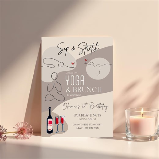 Yoga Brunch Invitation, Sip and Stretch Invite, Yoga Birthday Party, Editable Canva Invitation, Modern Wellness Event - Etsy