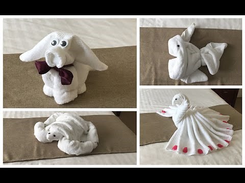 4 Ideas Towel Folding-Puppy, Swan, Fish, and Turtle (serviettes pliantes)