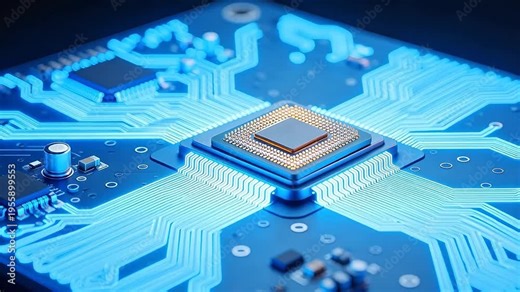 Robotic arm installing microchip on circuit board — futuristic AI manufacturing, precision electronics assembly, high-tech automation concept