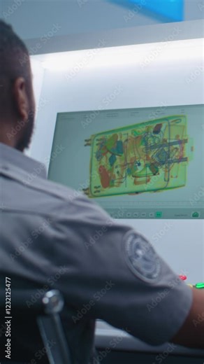Airport Security Checkpoint: African American Security Officer Monitors Baggage Screening Moving on Conveyor Belt on Computer Screens. Advanced X-ray Scanning Technology. Back View. Vertical Shot.