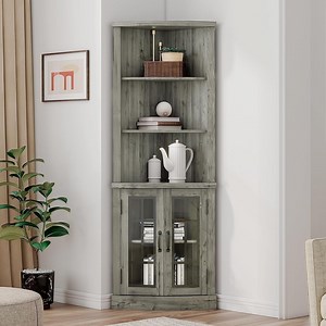 Papajet Curved Corner Storage Cabinet, 65" Bookcase with Doors, Washed Grey