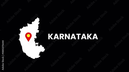 Karnataka state map animation with location pin and alpha channel. Clean geographic outline highlight.