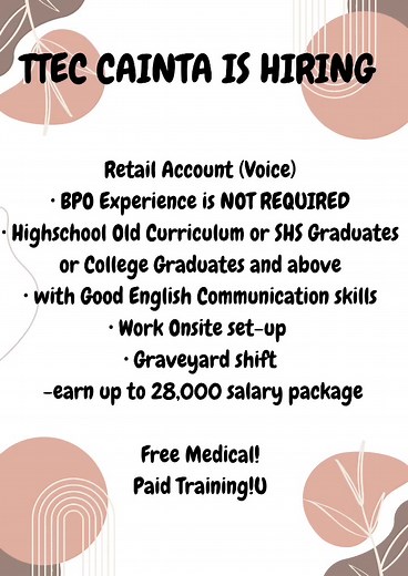 TTEC (TELETECH) IS HIRING! 💖💖 🩷 𝟭 𝗗𝗔𝗬 𝗣𝗥𝗢𝗖𝗘𝗦𝗦 𝗛𝗜𝗥𝗜𝗡𝗚 🩷 GET HIRED VIAMS TEAMS 📩 Pm mo ko assist kita 📩 Available sites: Pasay, Bacolod,UP Technohub, Pioneer,Araneta, Iloilo, Cebu, Novaliches,vDumaguete, Cainta, Santa Rosa,Batangas, Pampanga *Onsite and WFH set up offered!!! PM FOR DETAILS ‼️ #CallCenterAgent #BPOCareers #Hiring #HiringNow #callcenterjobs #BPOJobs | TTEC Call Center Hiring