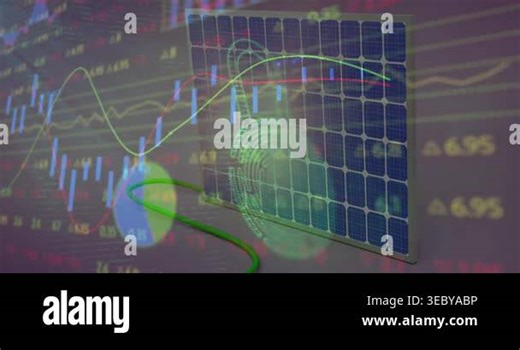 Animation of digital padlock, financial data and graphs over solar panels. Green energy, eco power, finance and economy concept digitally generated video Stock Video Footage - Alamy