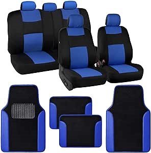 BDK PolyPro Blue Car Seat Covers Full Set with 4-Piece Car Floor Mats - Two-Tone Seat Covers for Cars with Carpet, Interior Covers for Auto Truck Van SUV