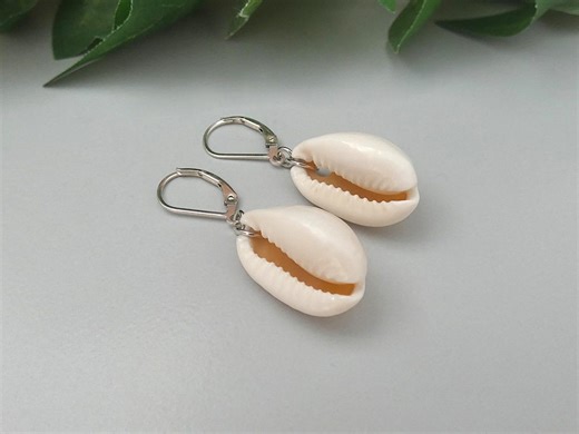 Sterling Silver Cowrie Shell Earrings, Secure Leverback Hooks, Natural Sea Shell Jewellery. - Etsy