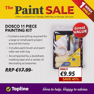 Get ready to tackle your paint projects with the Dosco 11 Piece Painting Kit! This comprehensive kit has everything you need, whether it's a large or small paint project around your home. It Including a paint brush and paint roller set with tray for smooth application. Visit your local Topline store to shop the Paint Sale until Monday June 5th or while stocks last! | Topline | Facebook