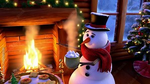 Animated snowman by fireplace with hot cocoa and Christmas cookies, cozy holiday footage.