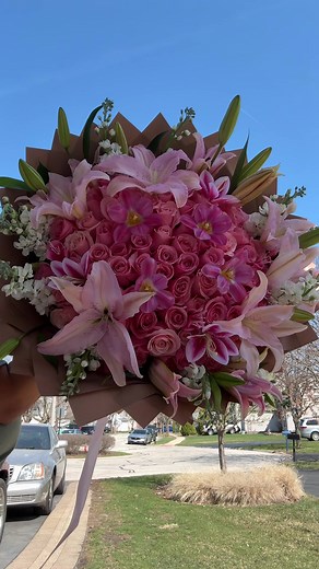 100 Pink Roses, Tulips & Lilies Bouquet | Order Online