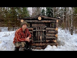 Building A Log Cabin Hunting Blind In The Snowy Woods: Solo One Day Build