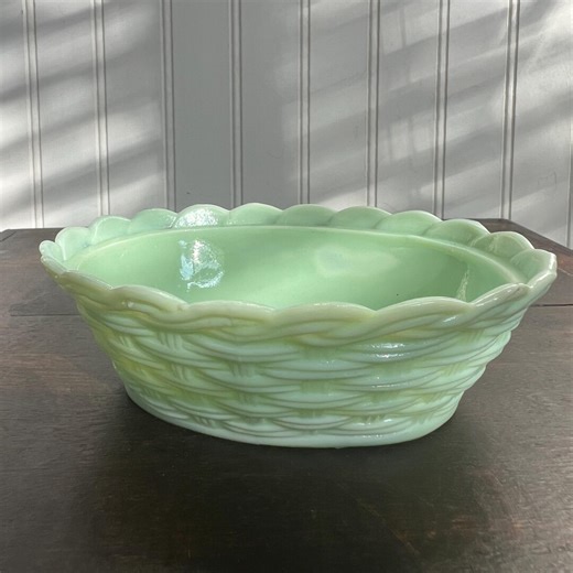 Vintage Jadeite Basket Dish | Green Glass Basket Bowl | Missing Animal Topper - Etsy