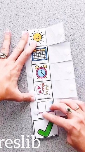 FLIP VISUAL SCHEDULE • How to make a flip visual schedule using a flippable base template that works for any visual schedule icons. First, print your visual schedule icons and the free base template. • Download the free flip visual schedule base here: bit.ly/MDCreslib (at the bottom labeled “visual schedule”) • Grab the visual schedule icons seen in the video here: bit.ly/MDCvisualschedules Then glue your visual schedule pieces in order onto the base (as shown in the video). Next you will lamina