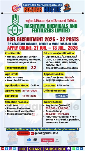 RCFL Recruitment 2026 | 32 Engineer & Officer Posts Out | New Vacancy | Apply Online #shorts