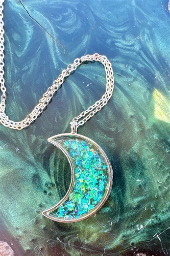 Silver Crescent Moon Resin Pendant: Galaxy Glitter Neon Yellow Green Stardust Charm - Etsy